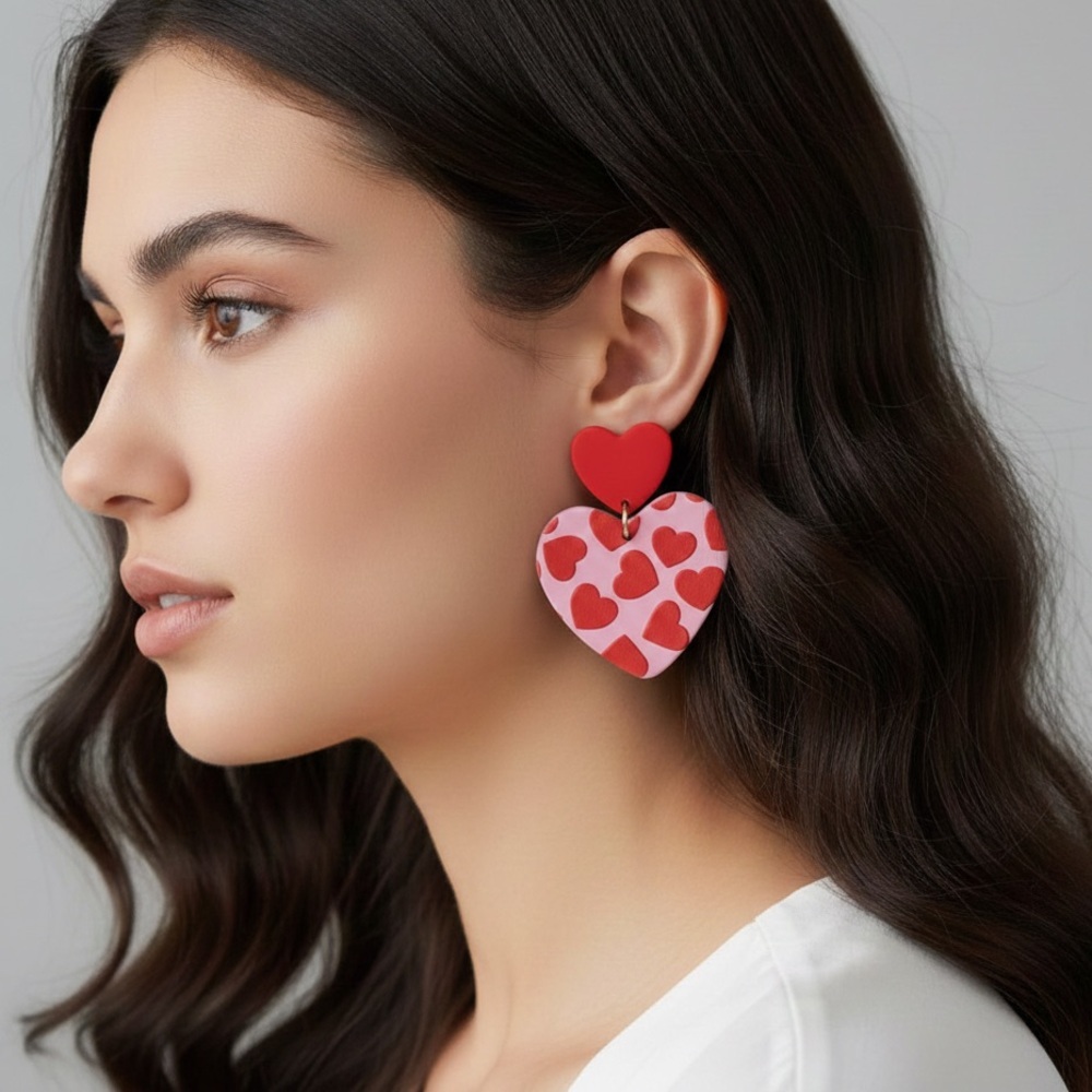 Sweetheart Duo Dangle — Handmade Earrings — Hypoallergenic — Red - Picture 4 of 6
